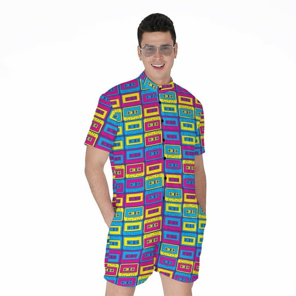 Colorful Cassette Tape Short Sleeve Men'S Rompers Casual Summer Jumpsuits Outfit