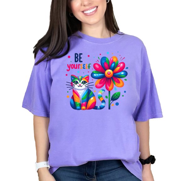 Colorful Cat Be Yourself T-Shirt, Rainbow Flower Design Tee, Cute Cat Lover Shirt, Inspirational Graphic Tee, Unique Casual Top, Violet Comfort Colors T-Shirt, Large