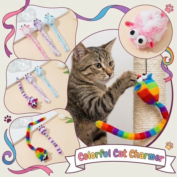 Colorful Cat Charmer Long Tail Mouse Toy – Simulation Mouse with Rainbow Fuzzy Tail,Interactive Pounce and Chase Toy for Active Indoor Cats