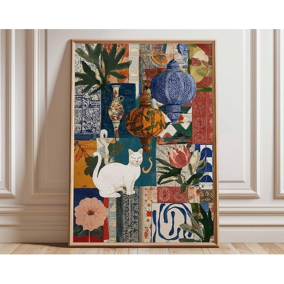 Colorful Cat Collage Lantern Cat Wall Art Print, Unframed Paper Poster 8x10in