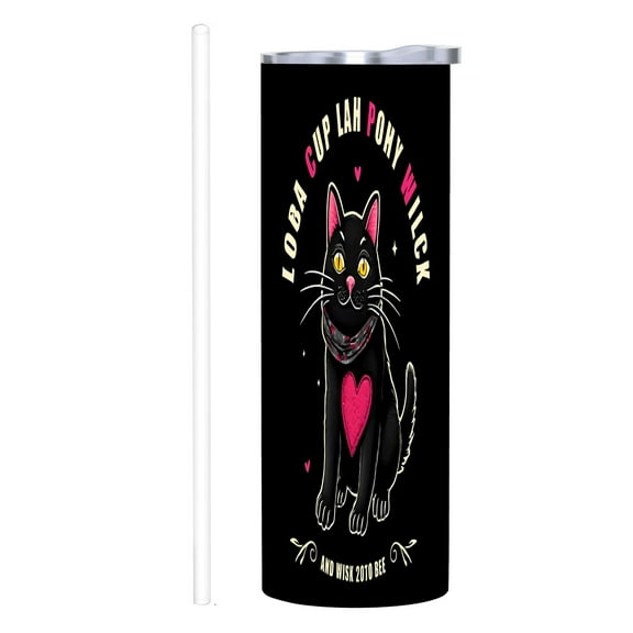 Colorful Cat Design 20 oz Stainless Steel Insulated Tumbler with Lid & Straw - Whimsical Black Cat with Hearts for Home Office & Car