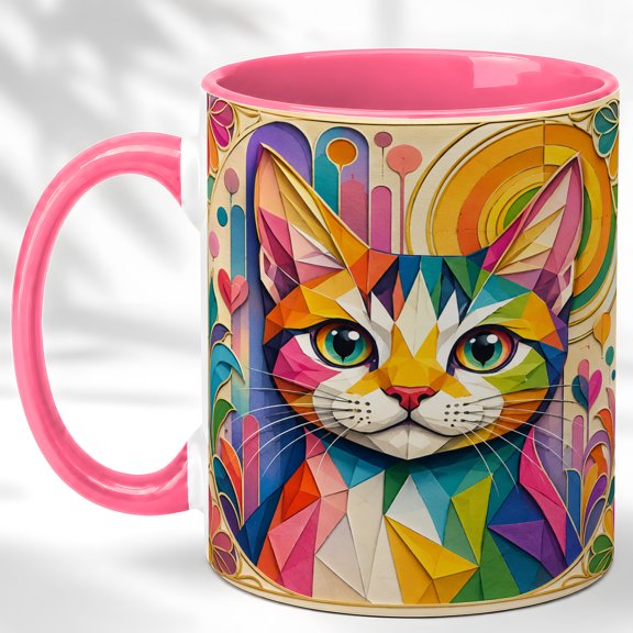 Colorful Cat Face Coffee Mug, Geometric Pet Mug, Ceramic 11 oz
