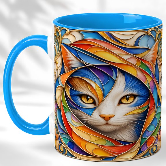 Colorful Cat Face Coffee Mug, Stained Glass Cat Mug, Ceramic 11 oz