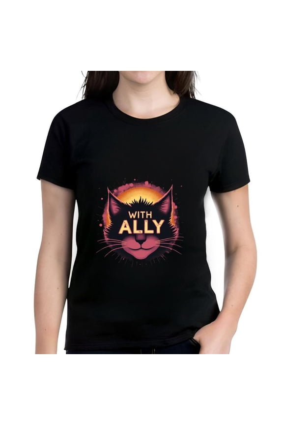 Colorful Cat Face Graphic Cotton Short Sleeve T-Shirt - " WITH ALLY " Design on Black Background - Trendy and Fun Tee for Cat Lovers