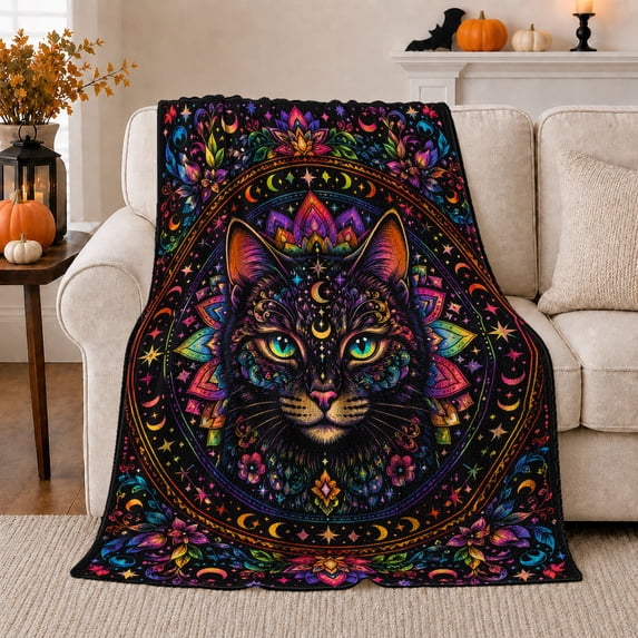 Colorful Cat Face Mandala on Black, Mystical Folk Art Style for Cat Lovers, Floral Jewel Portrait and Birthday Gift, Cozy Flannel Blanket for Bedroom and Reading Nook, Dark Home Decor