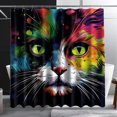 Colorful Cat Face Shower Curtain with Green Eyes Watercolor Style