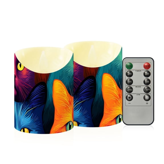 Colorful Cat Face Stare Flickering Flameless Candles with Remote Timer Battery Operated LED Tealight Set of 2 S