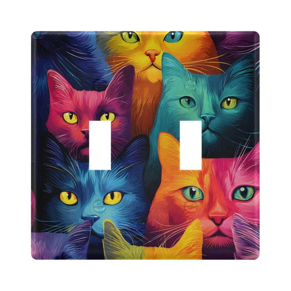 Colorful Cat Face Stare Light Switch Cover Electrical Outlet Cover Replaceable Wall Plates 2-Gang