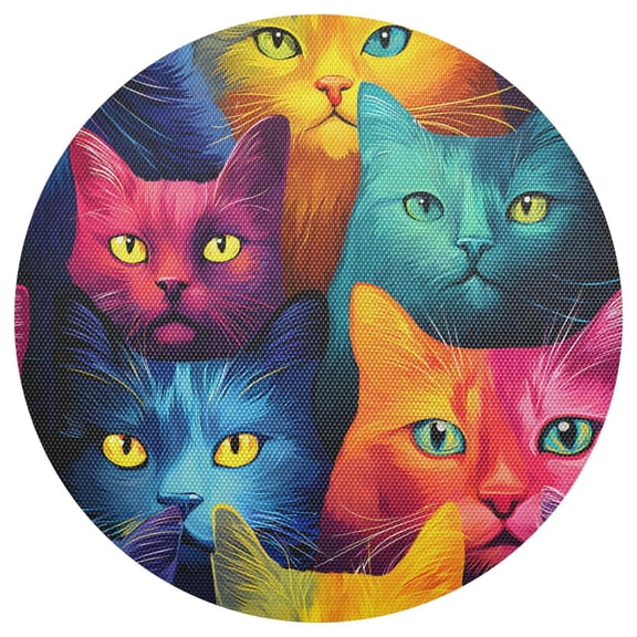 Colorful Cat Face Stare PVC Round Grid Placemat Table Mat 1 Pc 15.4" x 15.4"