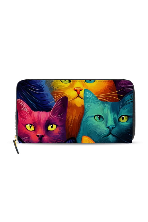 Colorful Cat Face Stare Women's Long Zipper Wallet Bifold Clutch Purse PU Leather Card Cases