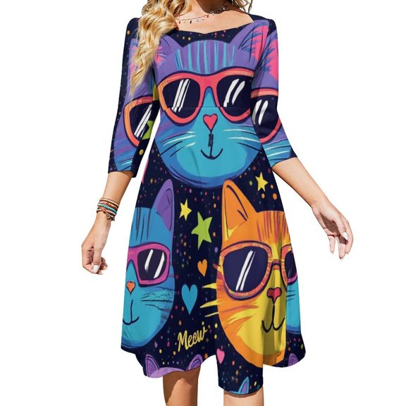 Colorful Cat Faces with Sunglasses Pattern-1 Womens Summer Dress Tie Back A Line Flare Dress