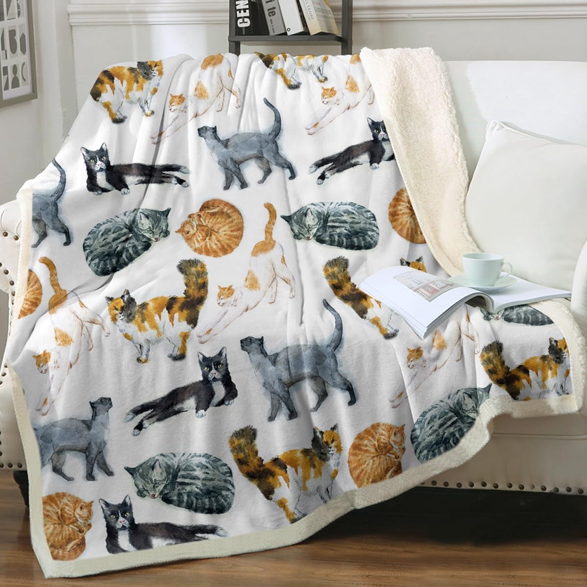 Colorful Cat Fleece Throw Blanket for Couch Chair Fuzzy Kitten Print Plush Sherpa Blanket Gifts for Cat Lovers Kids, Twin(60" X 80")