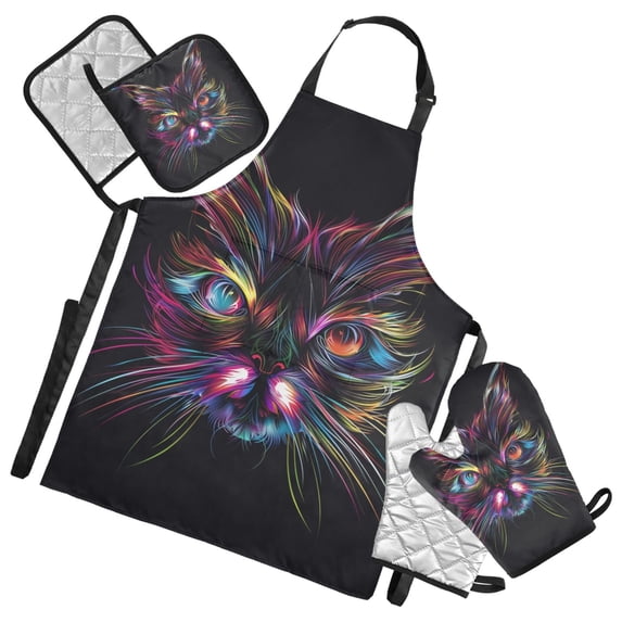 Colorful Cat Head 5 Pcs Kitchen Set Heat Resistant Oven Mitts and Non-Slip Pot Holders with Adjustable Cooking Apron