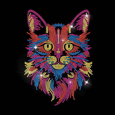 Colorful Cat Head Rhinestone Iron-On Applique Transfer Cute Cat Animal Design Sparkling DIY Patch Repair Hot Fix AppliqueDIY