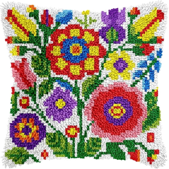 Colorful Floral Latch Hook Pillow Kits for Adults Beginners, Pre-Printed Latch Hook Rug Kits Cross-stitch Embroidery Cushion for Home Sofa Decoration 17x17 Inch