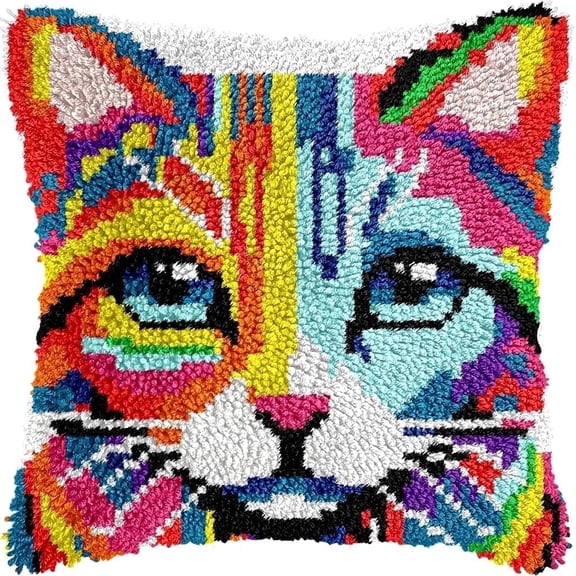 Latch Hook Kit for Adults, DIY Colorful Cat Pillow & Rug Craft Kit for Beginners, Animal Handmade Yarn Art, Relaxing Home Sofa Decor Gift