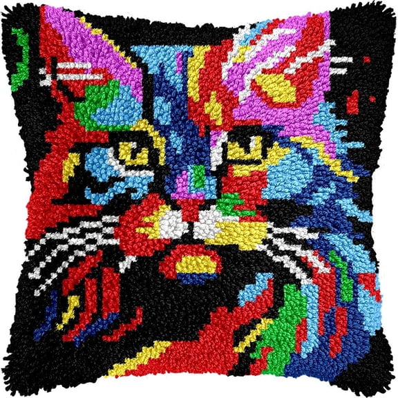 Colorful Cat Latch Hook Kits Pillow DIY Rug Crochet Hook Cushion Making Kits with Preprinted Pattern Canvas Instruction Yarns Pillow Cover Easy Starter DIY Crochet Kits 43x43cm de26)