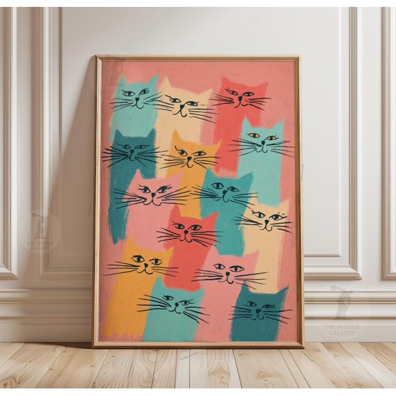 Colorful Cat Modern Abstract Pet Wall Art Feline Home Decor Artwork, Unframed Poster