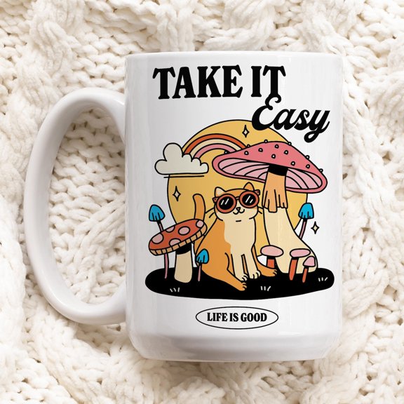 Colorful Cat Mushroom Coffee Mug, Positive Quote, Retro Ceramic Cup, Hippie Quote Gift Idea, Cottagecore Kitty Mug, Cute Novelty Gift
