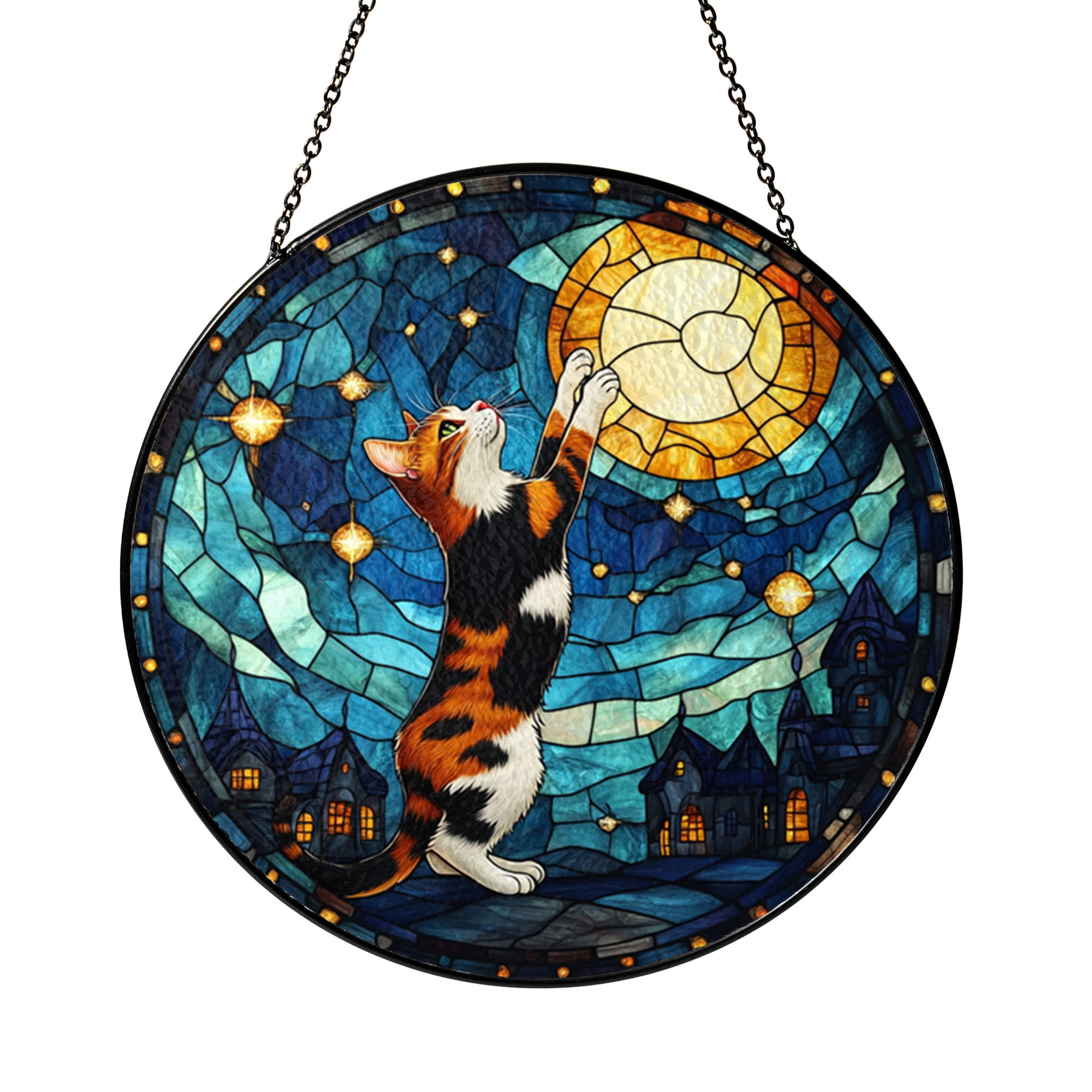 Colorful Cat Night Sky Stained Glass Suncatcher – Decorative Window Art ...