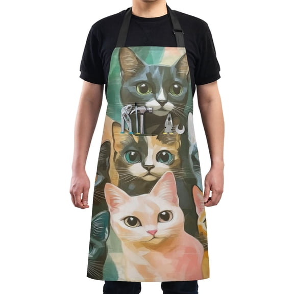 Colorful Cat Painting Chef Kitchen Apron with Pockets for Women Waterproof Aprons for Cooking Baking