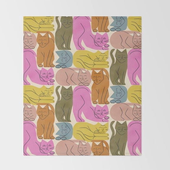 Colorful Cat Pattern Fleece Blanket, 280 GSM Polyester Fleece Fabric, Playful Pet Theme for Couch or Bed
