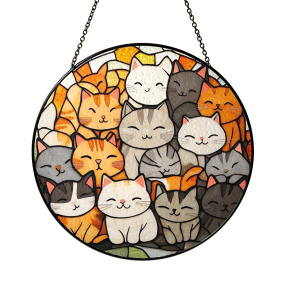Colorful Cat Pile Stained Glass Style Suncatcher Window Hanging Decor, Multi Cat Window Panel Art with Playful Feline Design, Decorative Window Gift for Cat Lovers