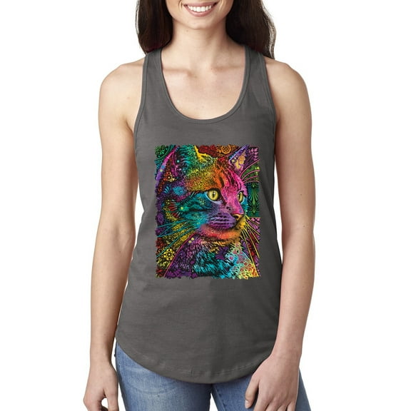 Colorful Cat Portrait | Cat Lover Owner | Dean Russo Art Animal Lover Ladies Racerback Sleeveless Top, Dark Grey, L