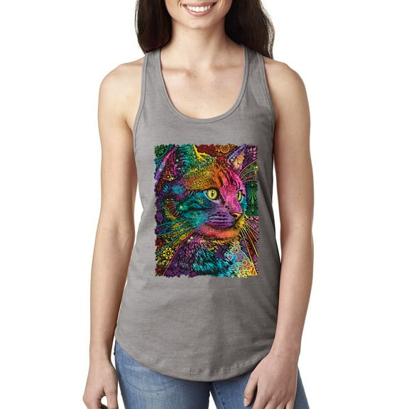 Colorful Cat Portrait | Cat Lover Owner | Dean Russo Art Animal Lover Ladies Racerback Sleeveless Top, Heather Grey, XL