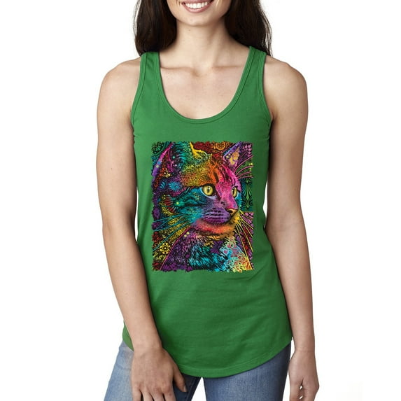 Colorful Cat Portrait | Cat Lover Owner | Dean Russo Art Animal Lover Ladies Racerback Sleeveless Top, Kelly, S