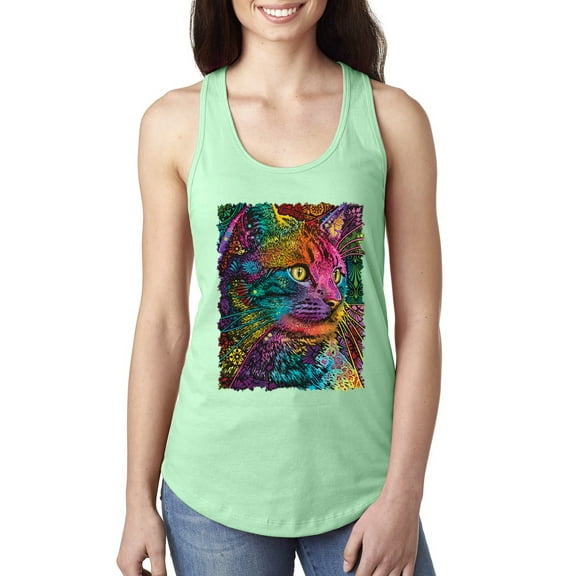 Colorful Cat Portrait | Cat Lover Owner | Dean Russo Art Animal Lover Ladies Racerback Sleeveless Top, Mint, XL