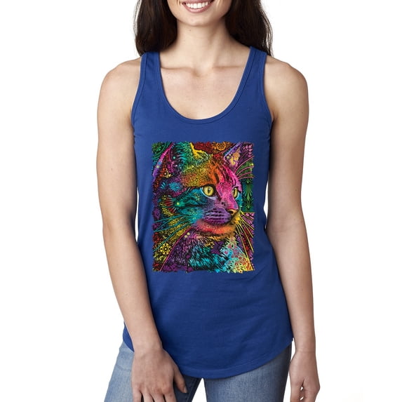 Colorful Cat Portrait | Cat Lover Owner | Dean Russo Art Animal Lover Ladies Racerback Sleeveless Top, Royal, M