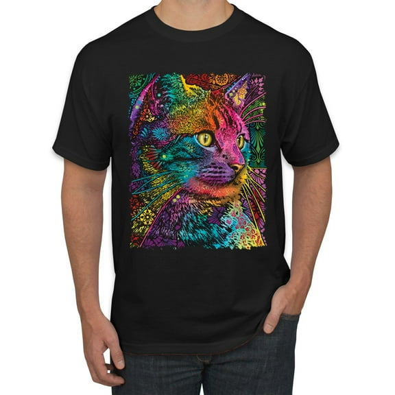 Colorful Cat Portrait | Cat Lover Owner | Dean Russo Art Animal Lover Men's T-Shirt, Black, 4XL