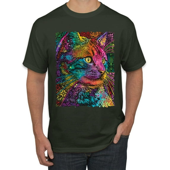 Colorful Cat Portrait | Cat Lover Owner | Dean Russo Art Animal Lover Men's T-Shirt, Forest Green, XL