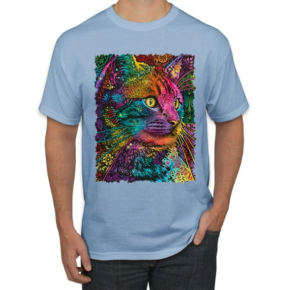 Colorful Cat Portrait | Cat Lover Owner | Dean Russo Art Animal Lover Men's T-Shirt, Light Blue, L