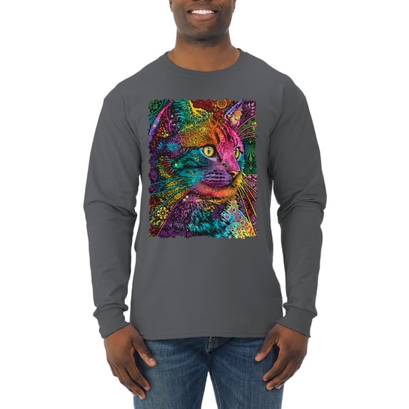 Colorful Cat Portrait | Cat Lover Owner | Dean Russo Art Animal Lover Mens Long Sleeve Shirt, Charcoal, S