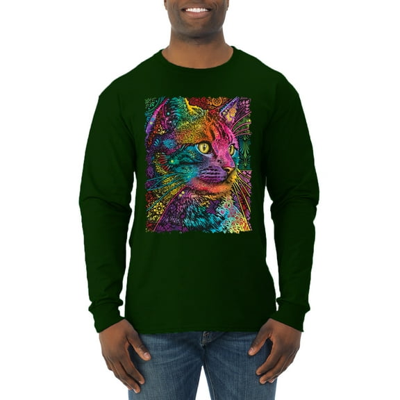 Colorful Cat Portrait | Cat Lover Owner | Dean Russo Art Animal Lover Mens Long Sleeve Shirt, Forest Green, 3XL