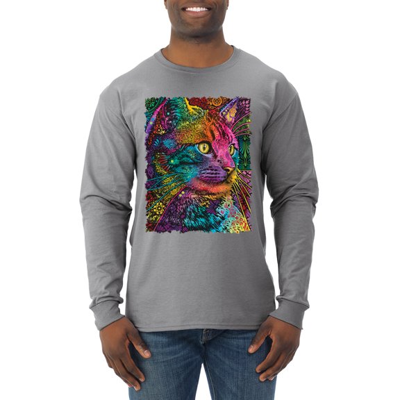 Colorful Cat Portrait | Cat Lover Owner | Dean Russo Art Animal Lover Mens Long Sleeve Shirt, Heather Grey, XL