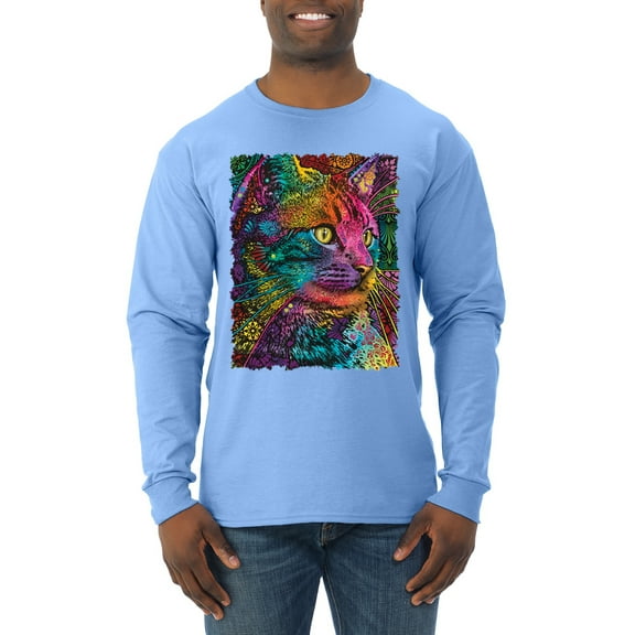Colorful Cat Portrait | Cat Lover Owner | Dean Russo Art Animal Lover Mens Long Sleeve Shirt, Light Blue, XL