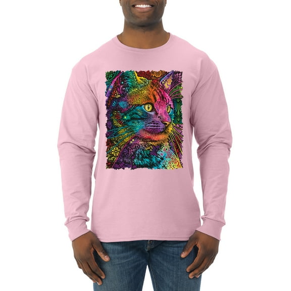 Colorful Cat Portrait | Cat Lover Owner | Dean Russo Art Animal Lover Mens Long Sleeve Shirt, Light Pink, S