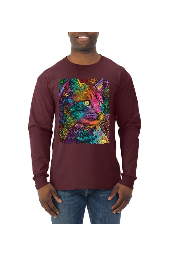 Colorful Cat Portrait | Cat Lover Owner | Dean Russo Art Animal Lover Mens Long Sleeve Shirt, Maroon, 3XL