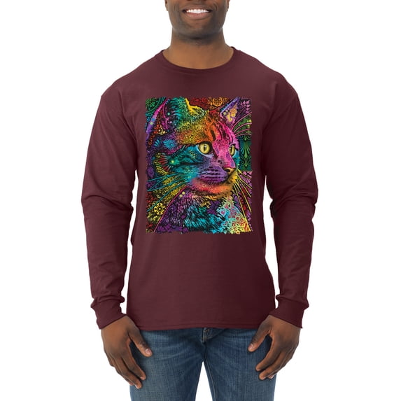 Colorful Cat Portrait | Cat Lover Owner | Dean Russo Art Animal Lover Mens Long Sleeve Shirt, Maroon, XL