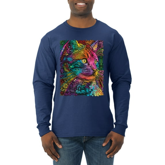 Colorful Cat Portrait | Cat Lover Owner | Dean Russo Art Animal Lover Mens Long Sleeve Shirt, Navy, M