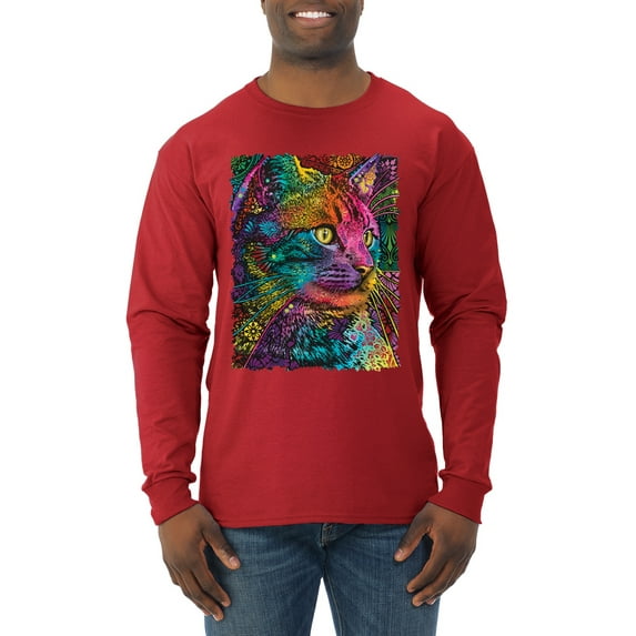 Colorful Cat Portrait | Cat Lover Owner | Dean Russo Art Animal Lover Mens Long Sleeve Shirt, Red, S