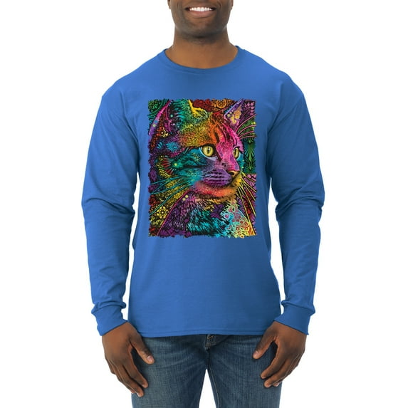Colorful Cat Portrait | Cat Lover Owner | Dean Russo Art Animal Lover Mens Long Sleeve Shirt, Royal, L