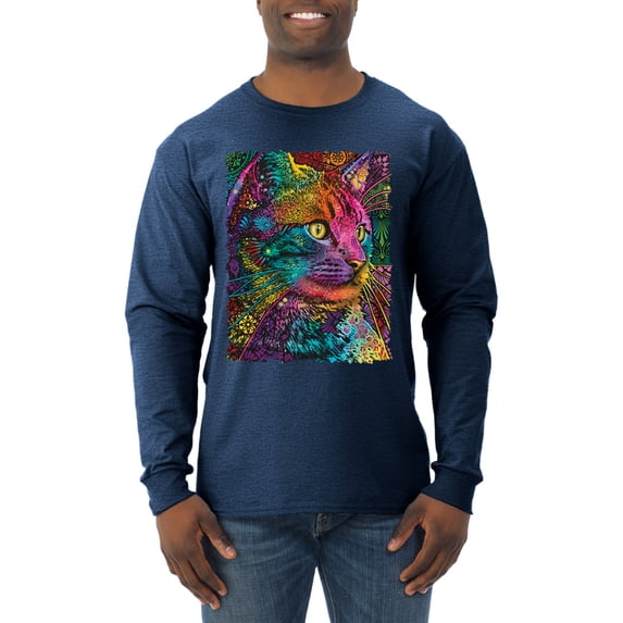 Colorful Cat Portrait | Cat Lover Owner | Dean Russo Art Animal Lover Mens Long Sleeve Shirt, Vintage Heather Navy, 3XL