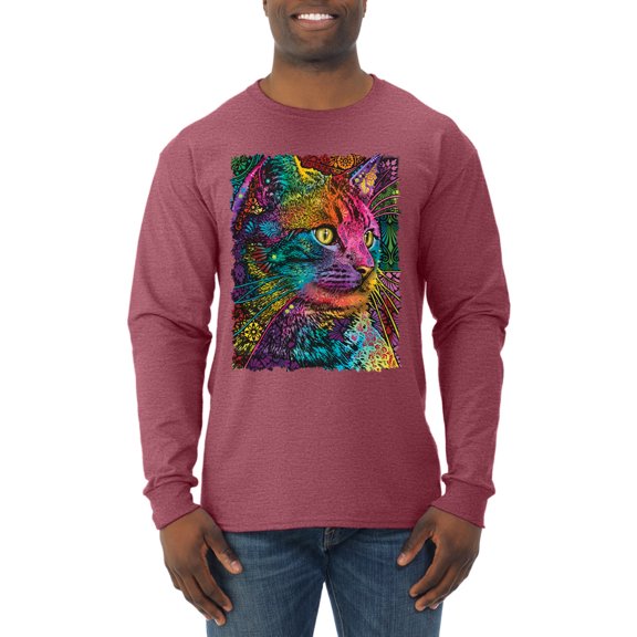 Colorful Cat Portrait | Cat Lover Owner | Dean Russo Art Animal Lover Mens Long Sleeve Shirt, Vintage Heather Red, 3XL