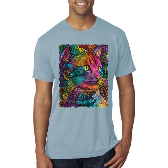 Colorful Cat Portrait | Cat Lover Owner | Dean Russo Art Animal Lover Mens Premium Tri Blend T-Shirt, Denim, M