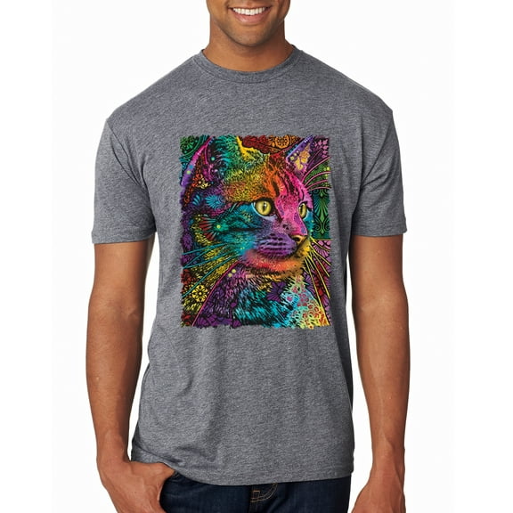 Colorful Cat Portrait | Cat Lover Owner | Dean Russo Art Animal Lover Mens Premium Tri Blend T-Shirt, Premium Heather, L