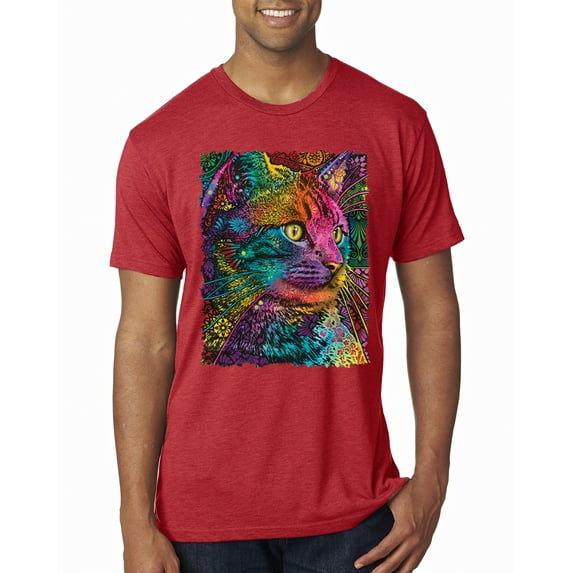 Colorful Cat Portrait | Cat Lover Owner | Dean Russo Art Animal Lover Mens Premium Tri Blend T-Shirt, Vintage Red, XL
